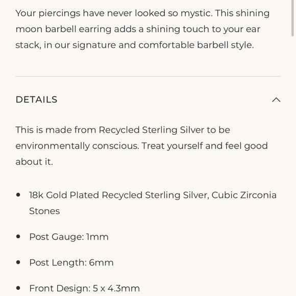 Astrid & Miyu Barbell Earrings Fan Crescent 18k Gold Plated Sterling Silver - Picture 7 of 7